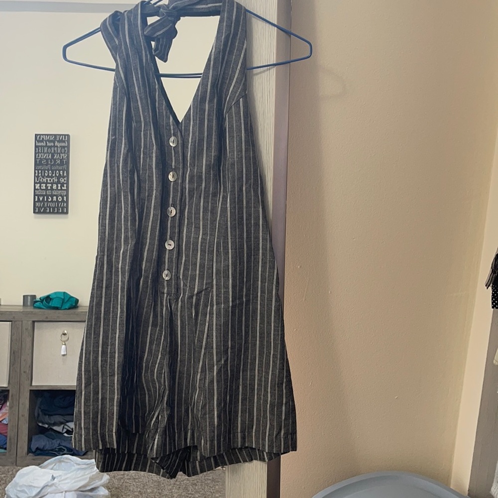 Grey and white striped romper